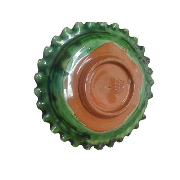 Vintage Mid Century Incised Carved Handmade Tito Ubeda Pottery Dish Green 9" - Picture 6 of 10